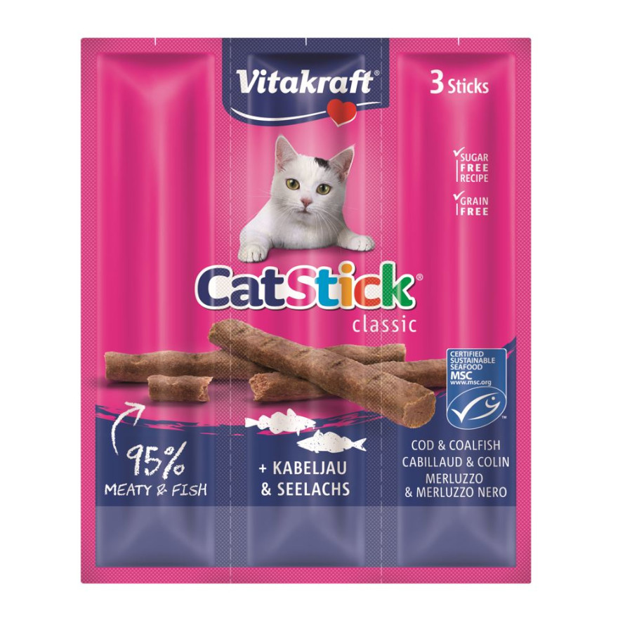 12 barritas Vitakraft Cat Stick Classic con Bacalao y Atún ¡Pack ahorro!