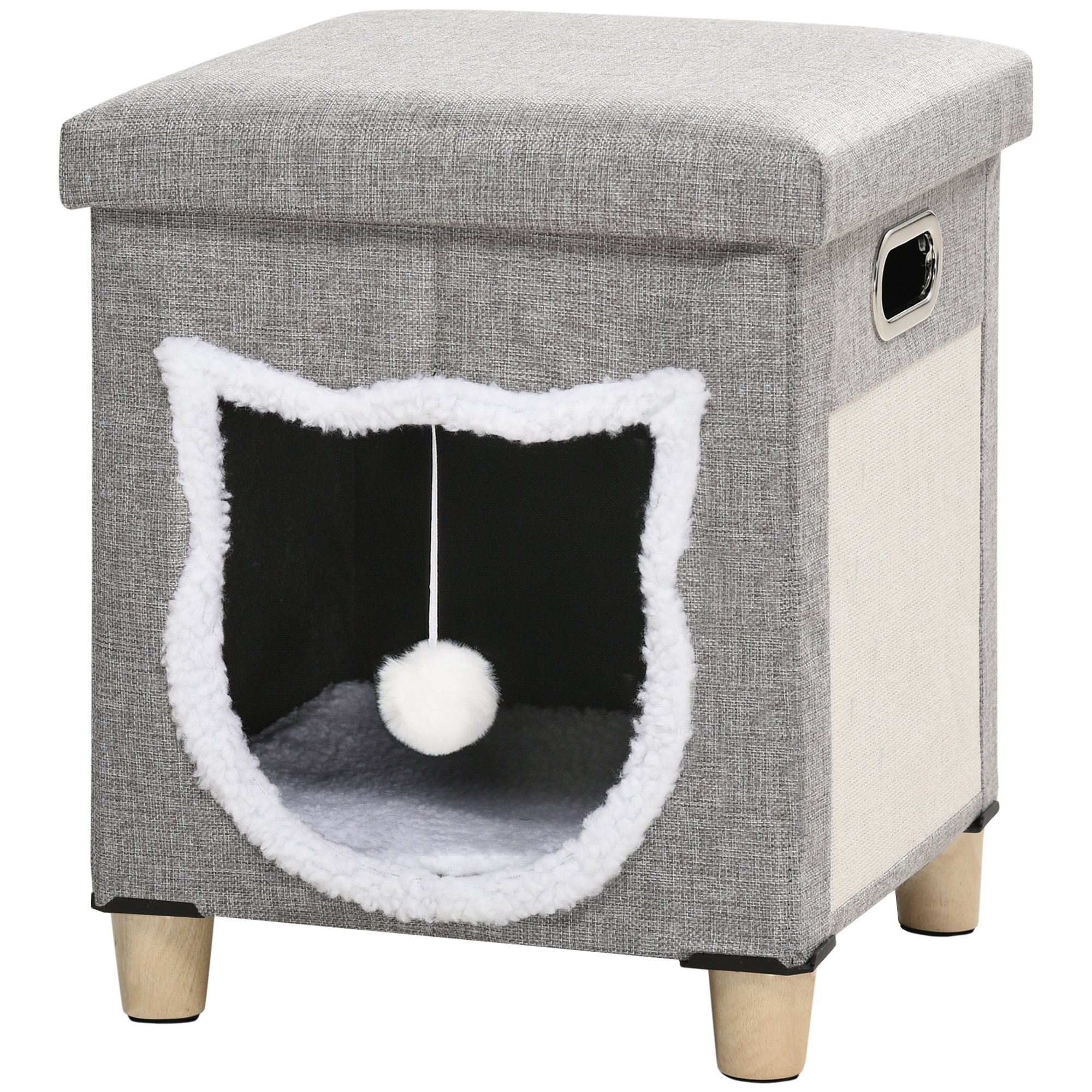 PawHut Cama Cueva de Gatos 2 en 1 Casa para Gatos Interior Tipo Reposapiés con Cojín Extraíble Bola Colgante y Almohadilla para Rascar 35,5x35,5x42,5