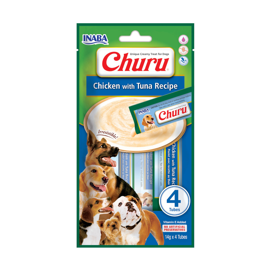 4 sobres x 14 g Churu Snack Cremoso Receta de Pollo con Atún para perros