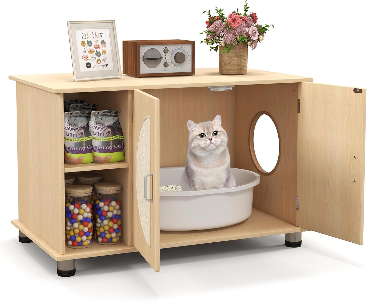 COSTWAY Caja de Arena para Gatos con Puertas Rascadoras de Sisal, Pies de Metal Ajustables, Baño Oculto para Gatos con Almacenamiento, con Gabinete