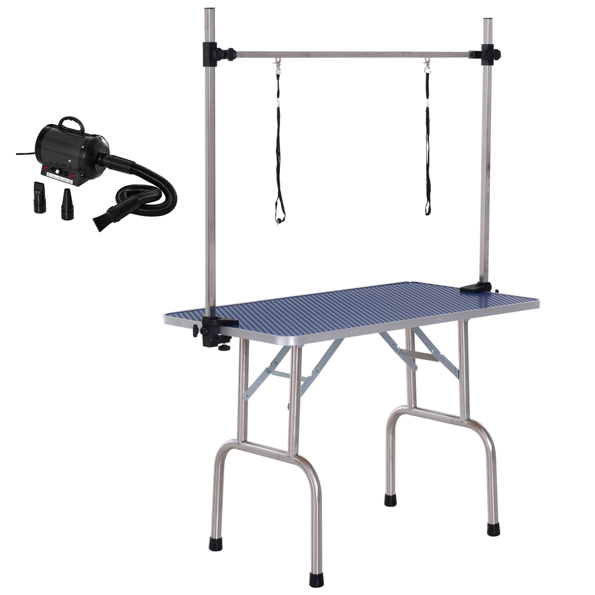PawHut Conjunto para Mascotas Juego de Secador de Pelo para Perros 2800W y Mesa de Peluquería para Mascotas Plegable con Altura Ajustable 40x16x20 cm