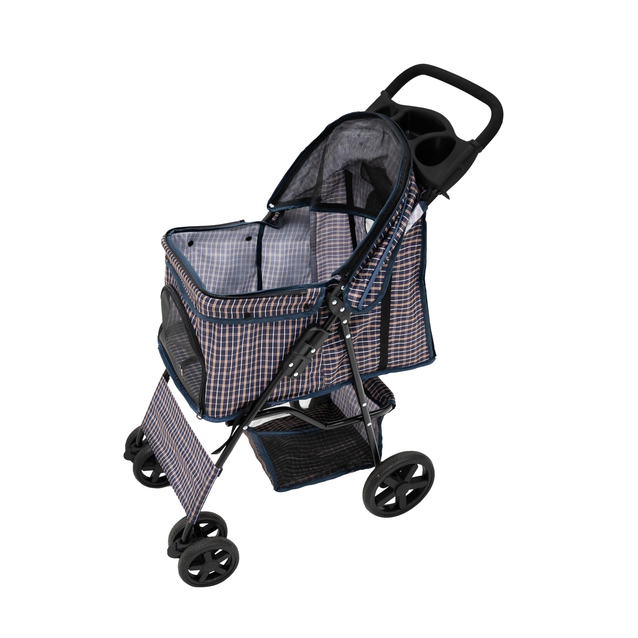 Cochecito Tartán Azul Plegable para Mascotas con Cubierta lluvia Carrito Perros Gatos