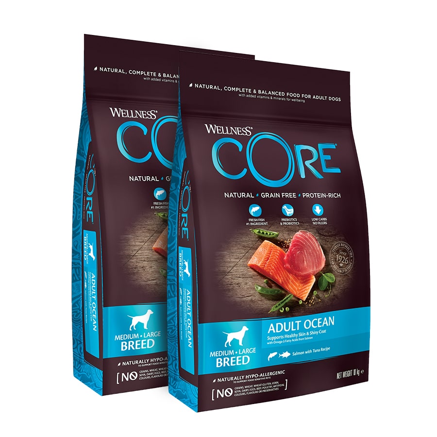 2 x 10 kg Wellness Core Adult Medium/Large Ocean Salmón y Atún pienso para perros ¡Pack ahorro!