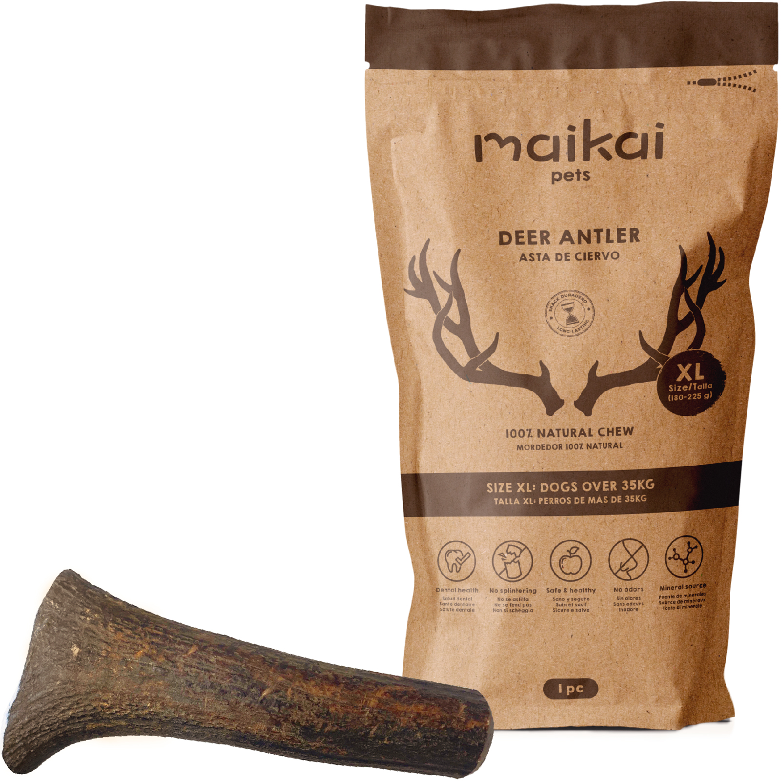 Asta de Ciervo Natural. Talla L –  100-150 g. 1 ud. Mordedor y juguete para perros. MAIKAI PETS