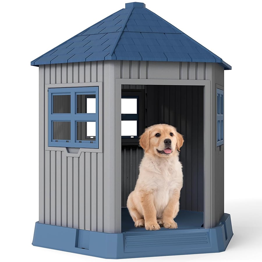 COSTWAY Caseta Perros Exterior de Plástico, 76x90x96 cm, Casa para Perros Grande con 2 Ventanas y Claraboya, Techo Inclinado, Entrada Amplia,