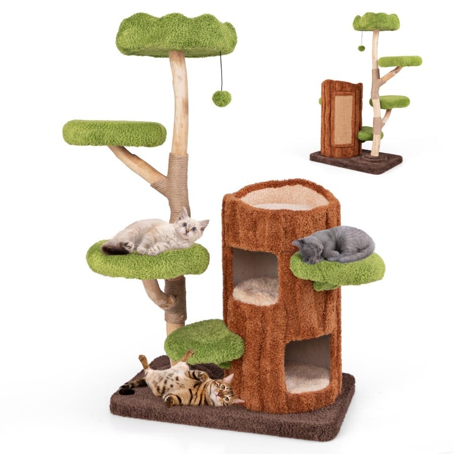COSTWAY Árbol para Gatos Multinivel, Torre de Dos Niveles con Postes de Rascado y Panel de Sisal, Perchero Superior y Plataformas Redondas, Juguete