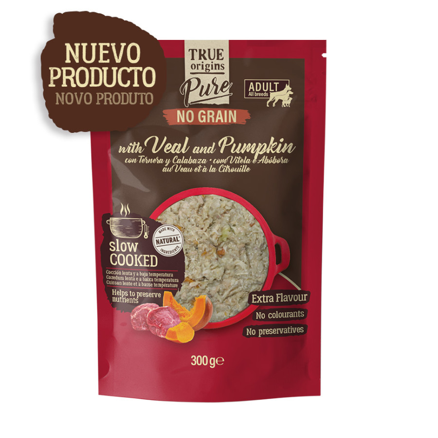 300 g True Origins Pure Adult Gently Coocked Ternera y Calabaza sobre para perros
