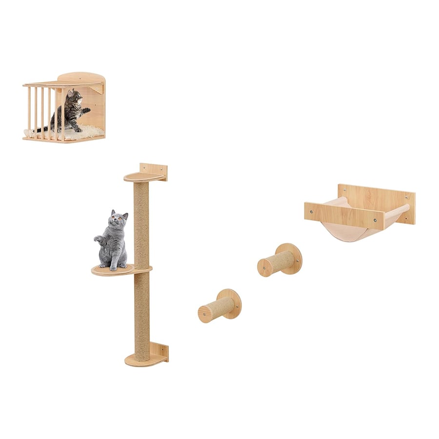 COSTWAY Set de Pared de Escalada para Gatos, 5PCS Estante de Escalada para Gatos de Pared, con Árbol de 3 Niveles, Hamaca, Poste y Alfombras