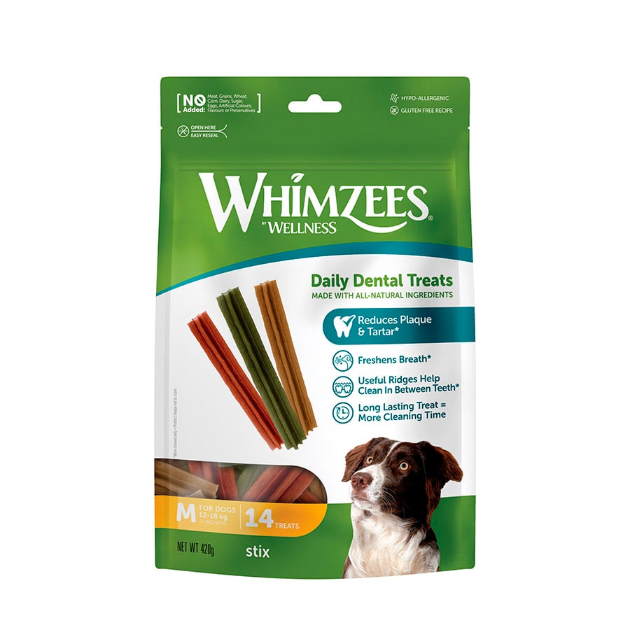 14 barritas Whimzees Snacks Dentales Stix para perros de razas medianas