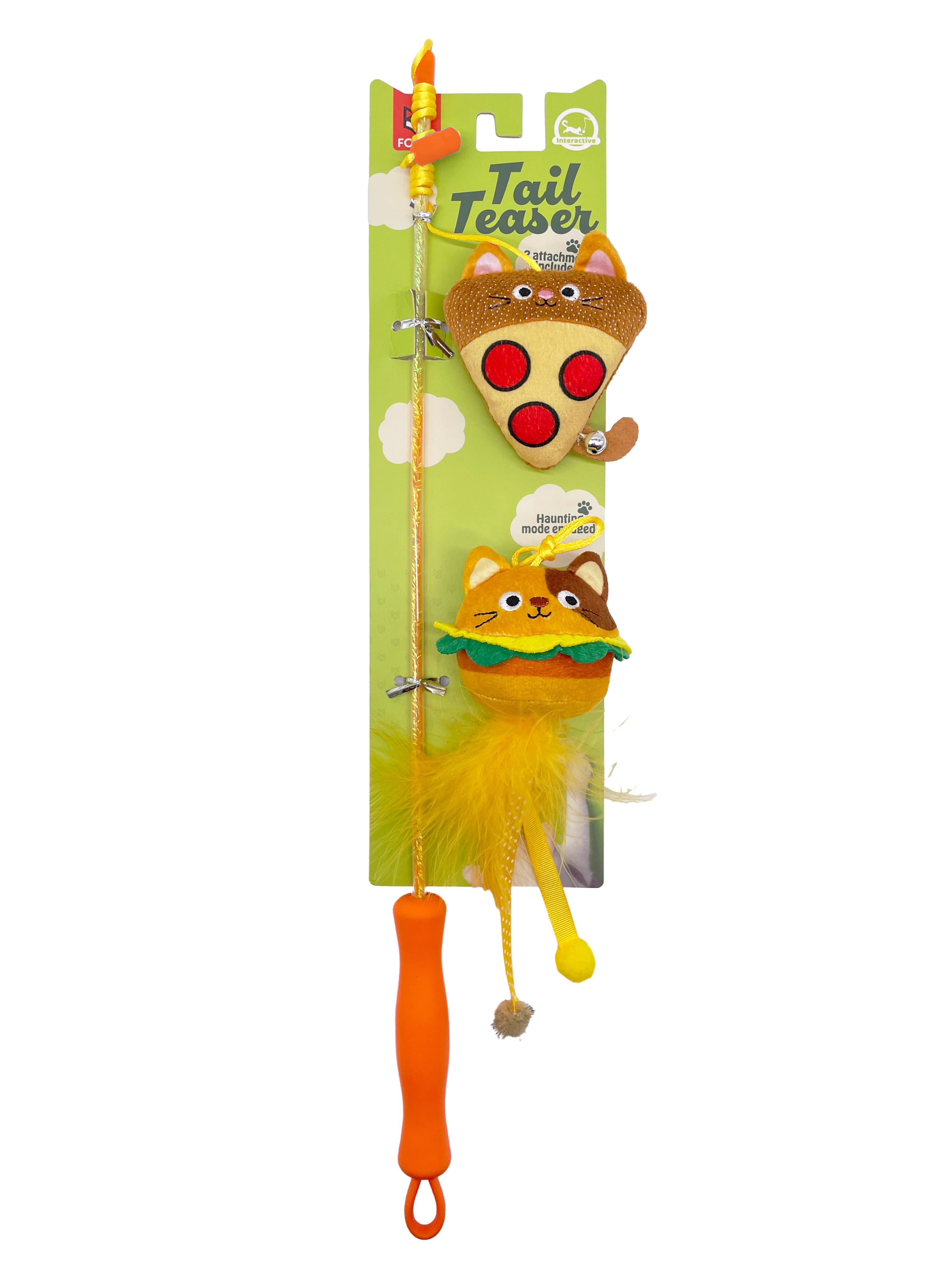 FOFOS | Varita Interactiva Pizza y Hamburguesa con Plumas y Cascabel con Catnip (Colección Fast Food) – Para Gato