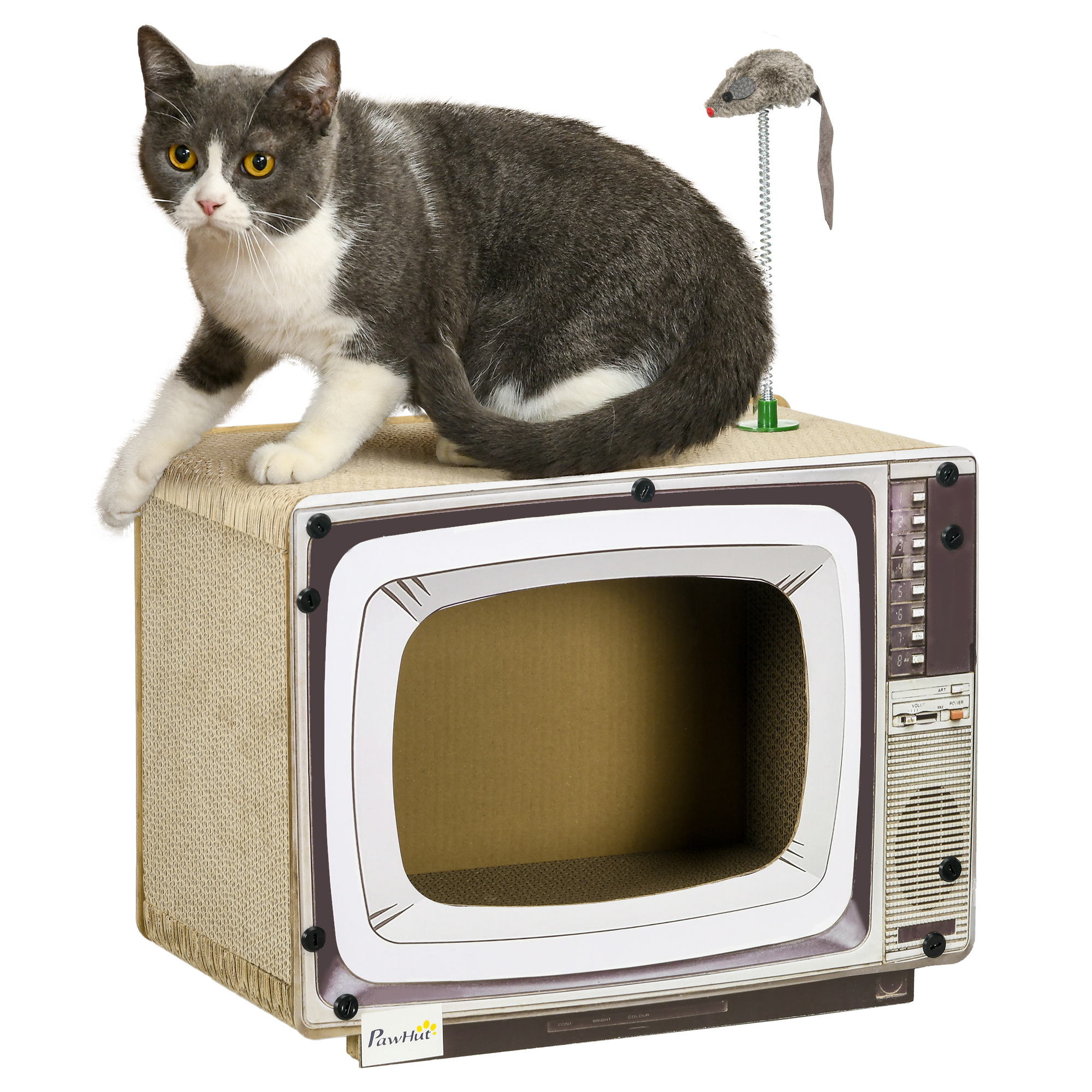 PawHut Rascador de Cartón para Gatos Tablero para Rascar en Forma de Televisor con Ratón de Juguete Centro de Actividades para Mascotas 43x23x23,5 cm