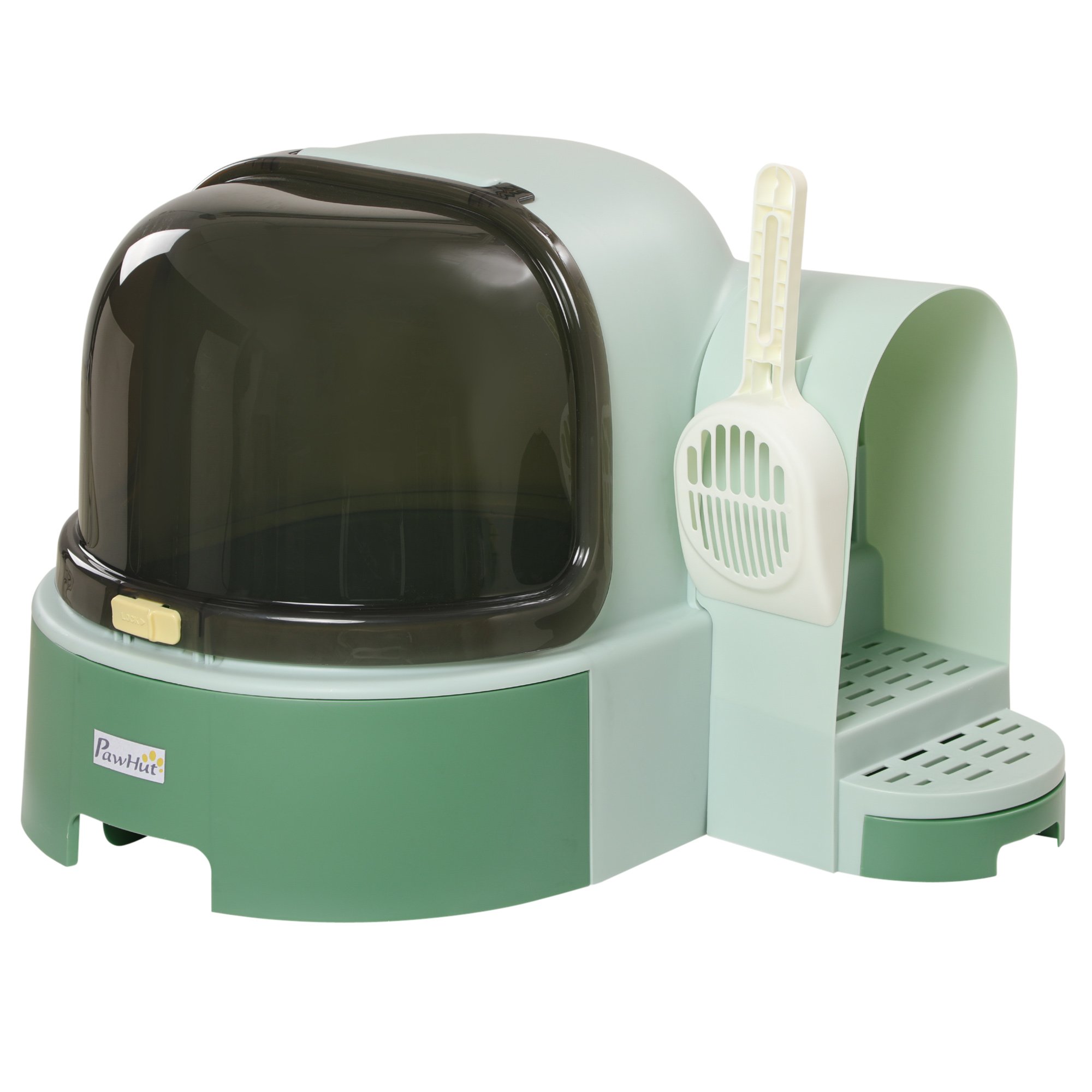 PawHut Arenero para Gatos con Cubierto Caja de Arena para Gatos en Forma de Cápsula Espacial con 2 Bandejas Extraíbles y Pala 52x60x42 cm Verde