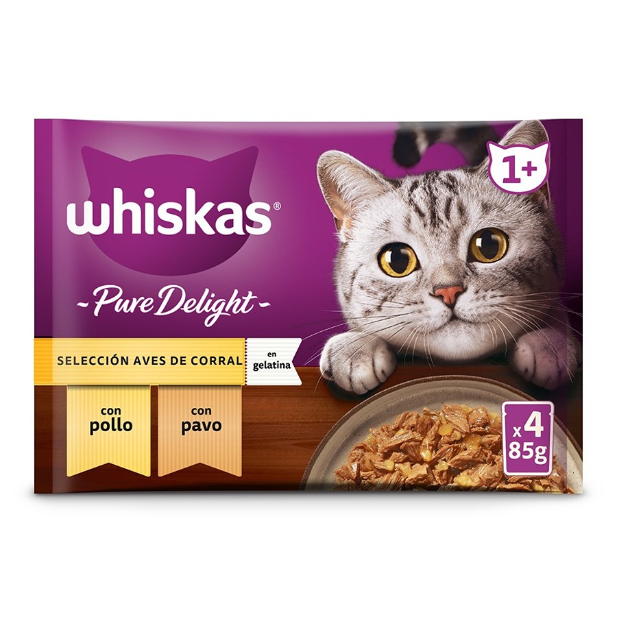 4 sobres x 85 g Whiskas Pure Delight Selección Aves Gelatina en Bolsita para gatos