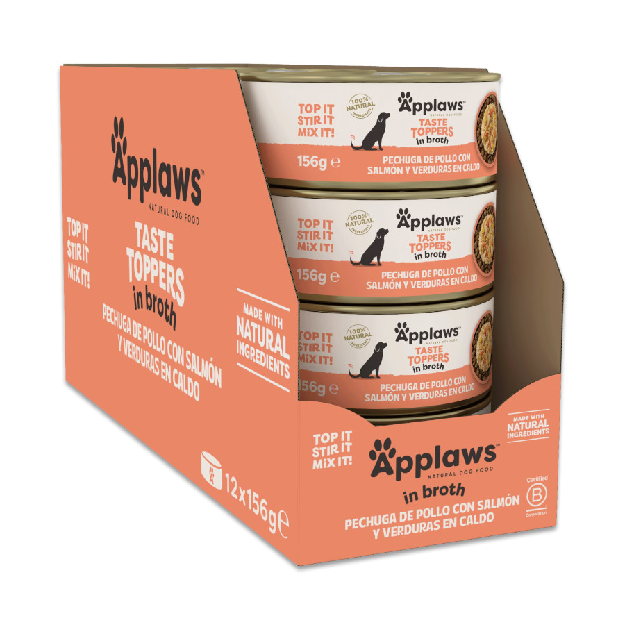 12 latas x 156 g Applaws Taste Toppers Pollo con Salmón y Vegetales en Caldo lata para perros ¡Pack ahorro!