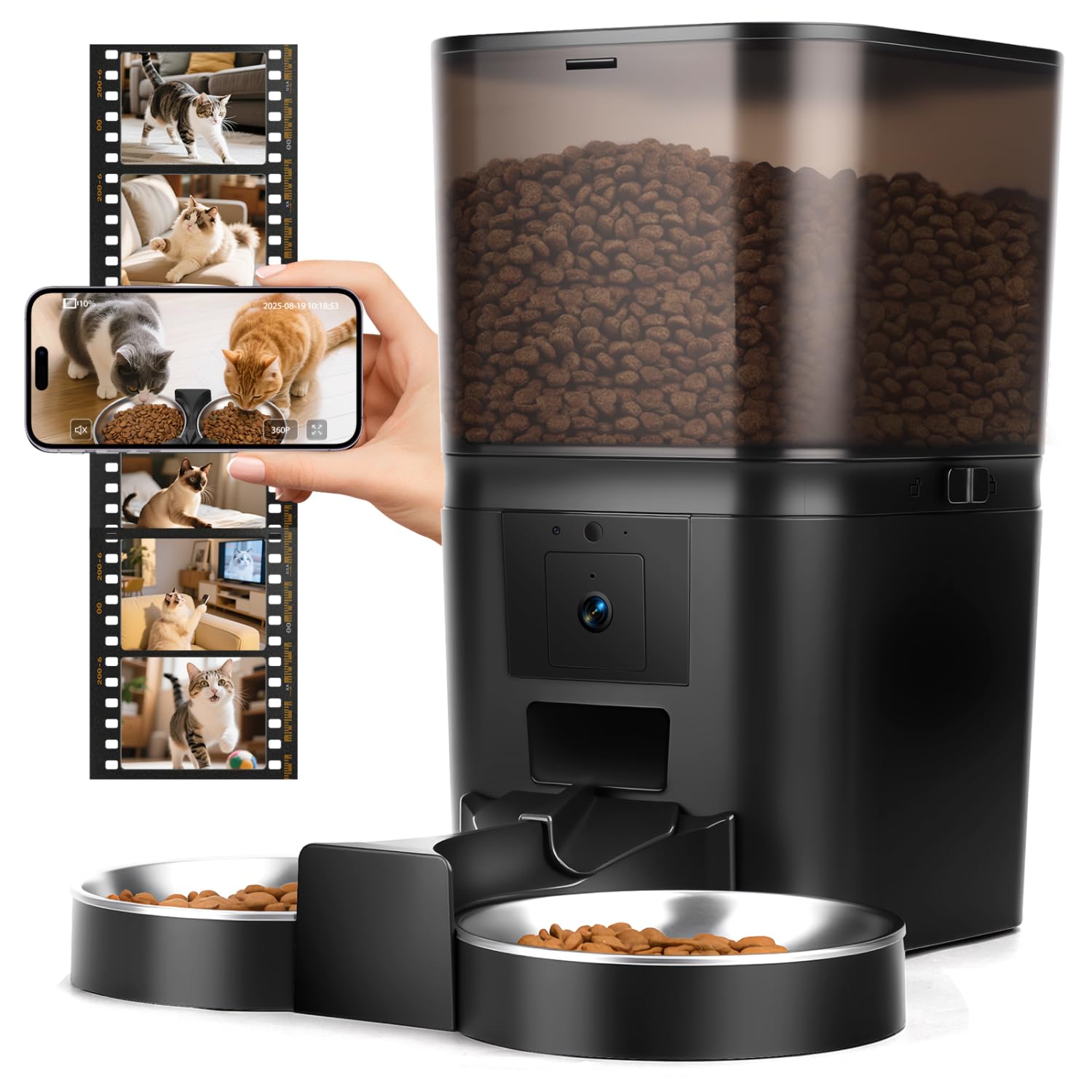 Nobleza Comedero Gato Automático 6L con Cámara 1080P 120°: App Control, WiFi 5G/2.4G, Audio Bidireccional, Llamadas Mascotas, Detección Movimiento +