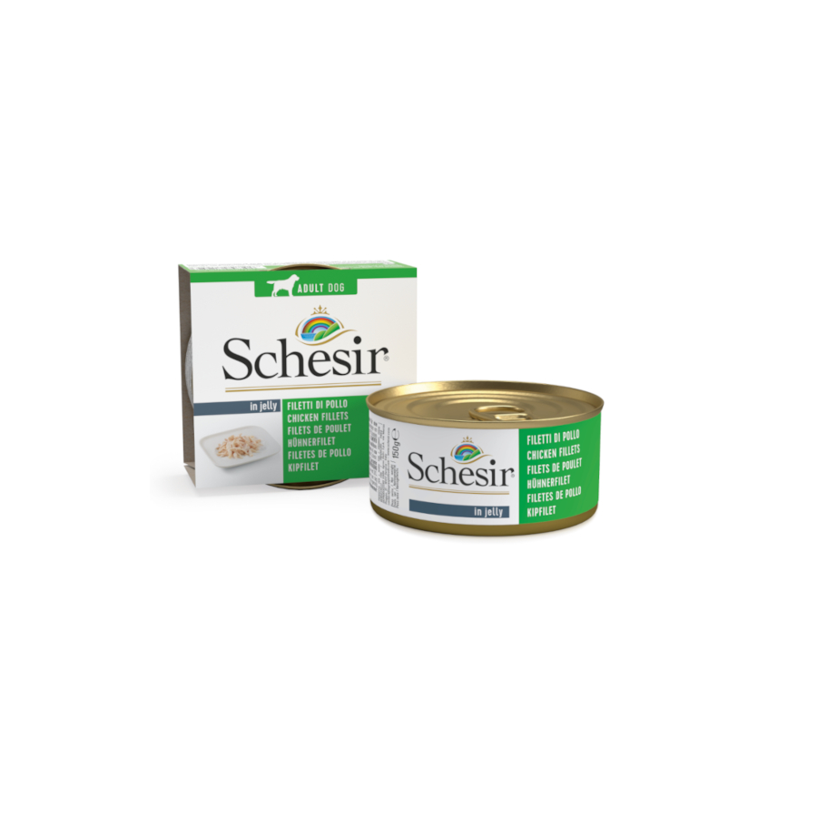 150 g Schesir Adult pollo en gelatina lata para perros
