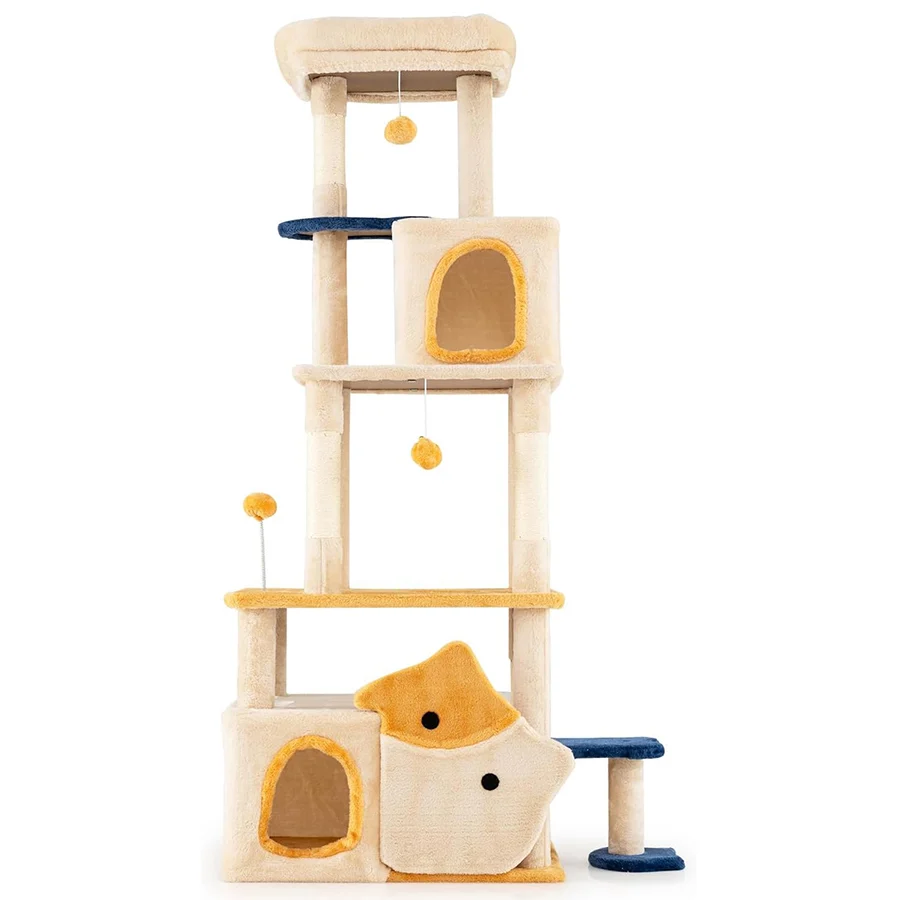 COSTWAY Árbol Rascador para Gatos de 159cm, Torre Rascador Grande para Gatitos con 2 Condos, Percha de Peluche Extraíble, Postes de Sisal, Versátil