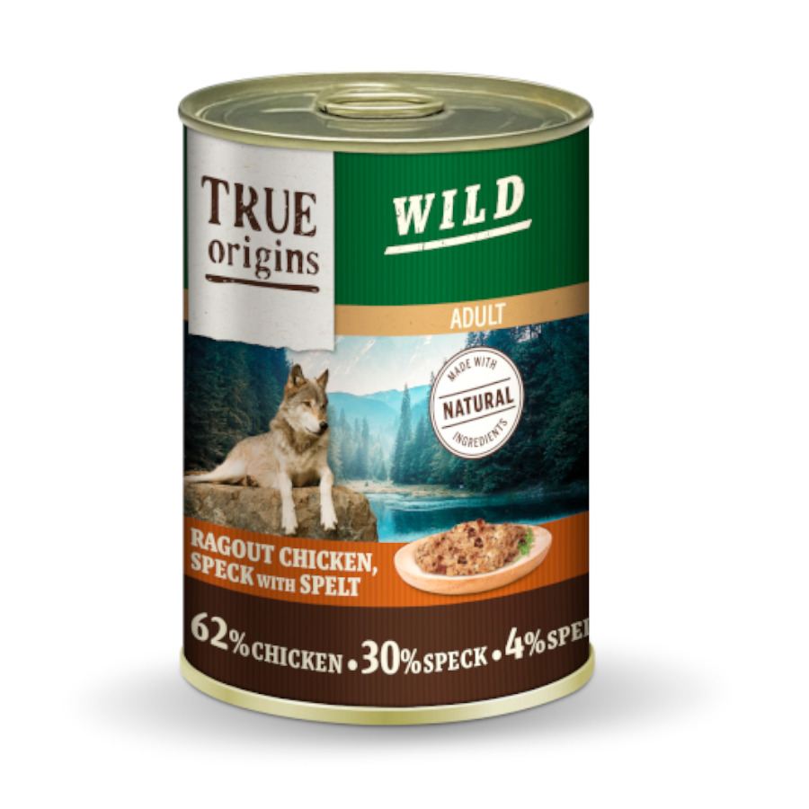 12 latas x 400 g True Origins Wild Adult Dados de Pollo con Speck y Espelta lata para perros ¡Pack ahorro!