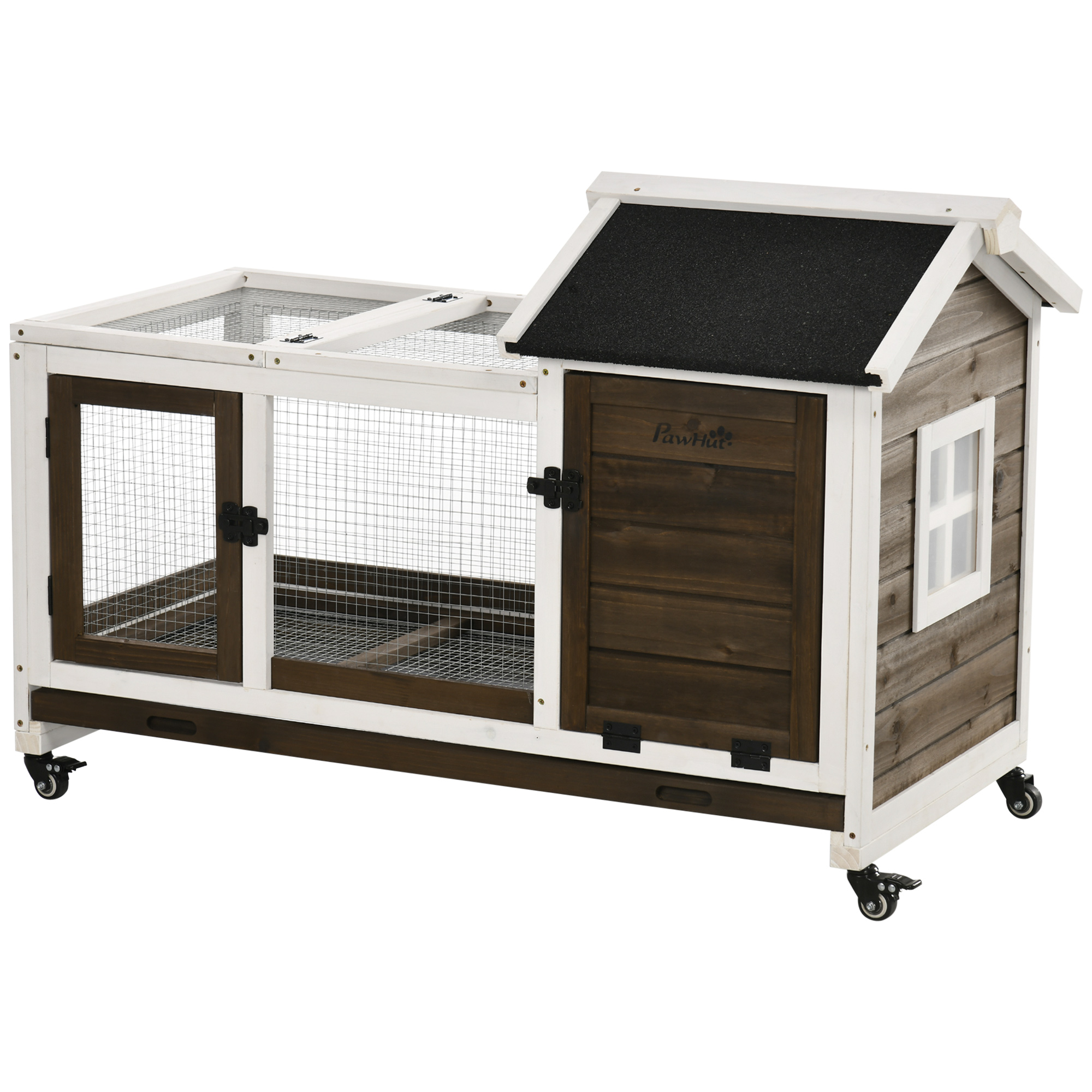 PawHut Conejera de Madera con Ruedas 108x58x73,5 cm Jaula para 1-2 Conejos con Techo Abrible Corral Metálico Bandeja Extraíble Puertas con Pestillo y