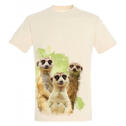 Camiseta unisex beige con estampado de suricatos