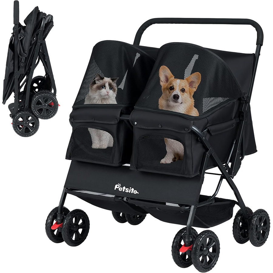 COSTWAY Carrito para Perros Doble, Cochecito Plegable para Perros con 2 Portabebés, Sombrilla Ajustable, Almohadilla Extraíble, Cinturón de Seguridad,