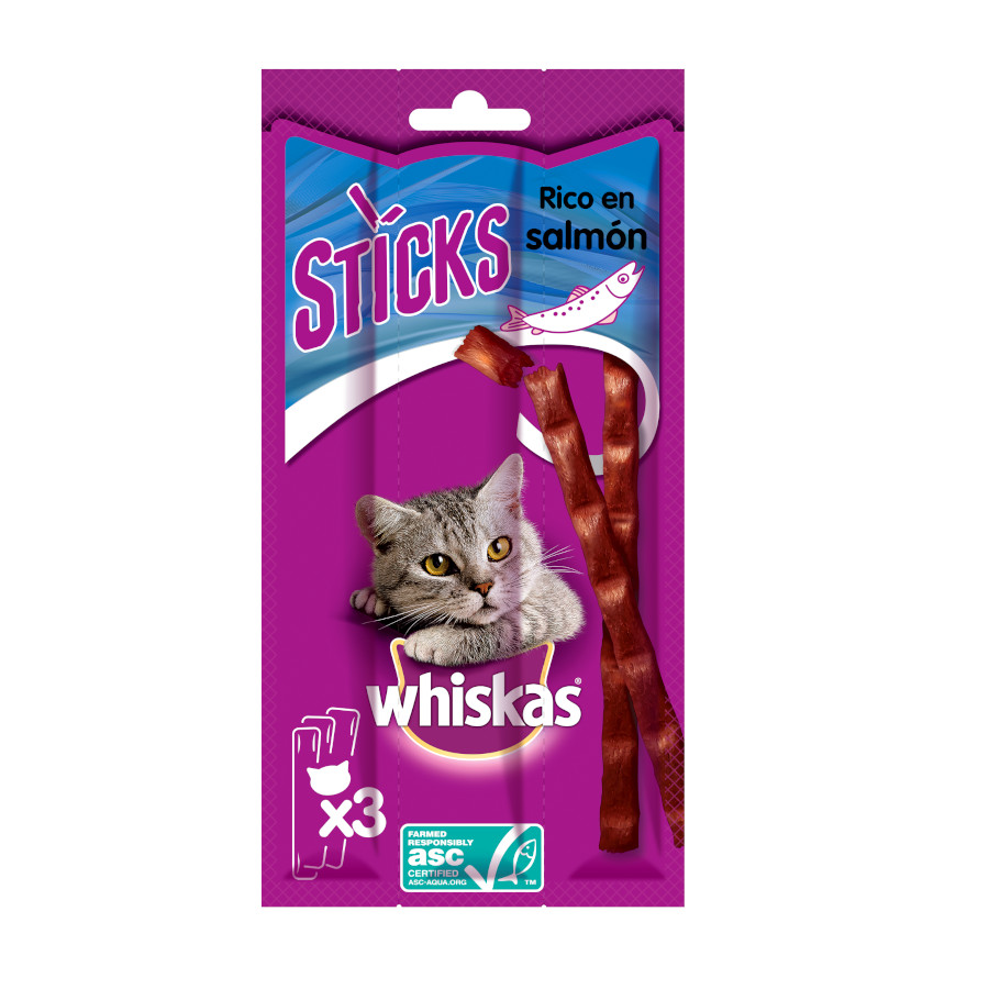 12 barritas Whiskas Sticks Snacks  Salmón para Gatos ¡Pack ahorro!