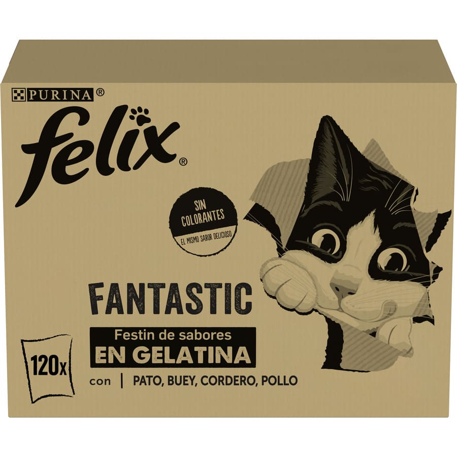 120 sobres x 85 g Felix Fantastic Selecciones Favoritas de Carnes en Gelatina sobre para gatos – Multipack