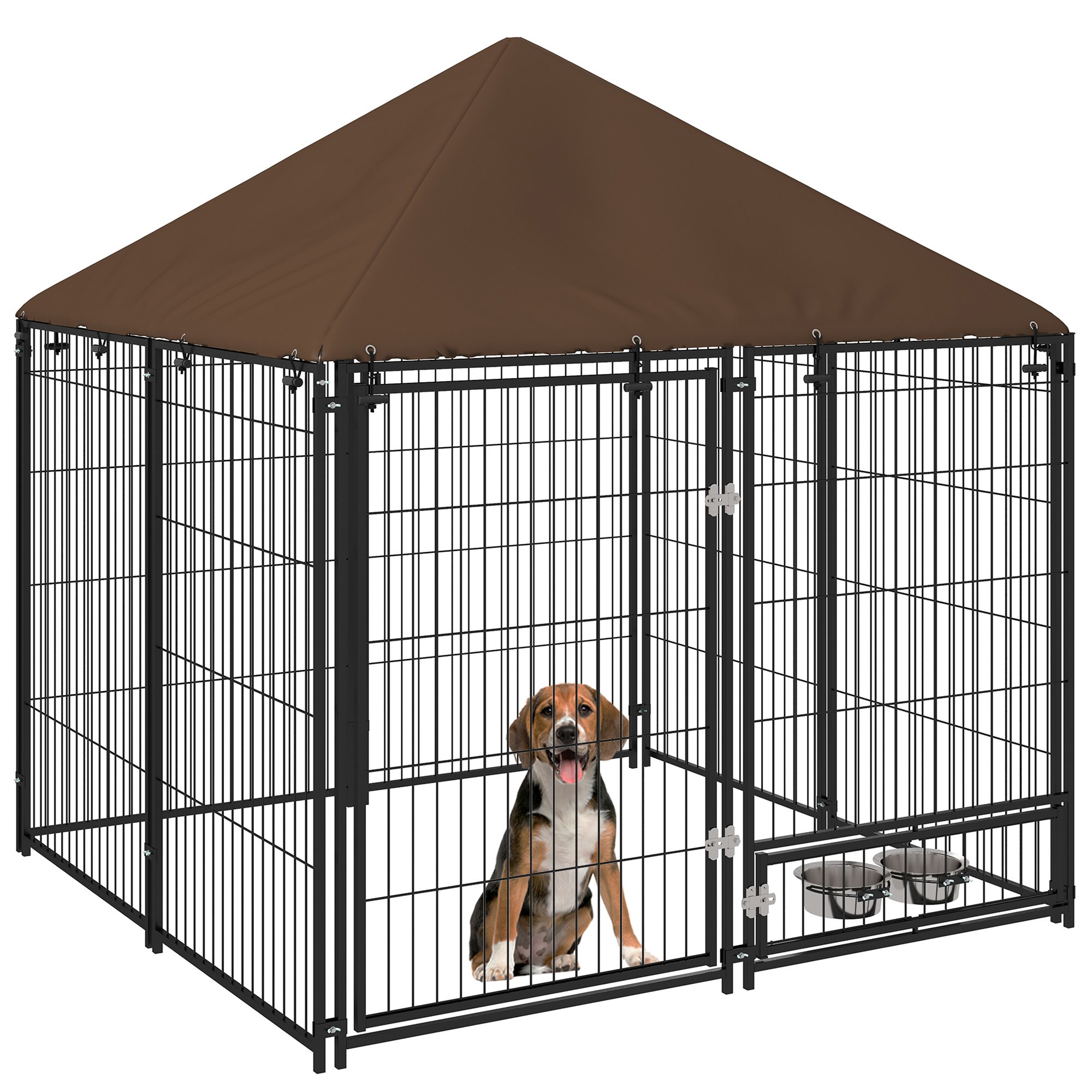 PawHut Perrera con Toldo Parque para Perros Metálica de Exterior con Soporte Giratorio para Comida 2 Cuencos para Patio Jardín Terraza 141x141x151 cm