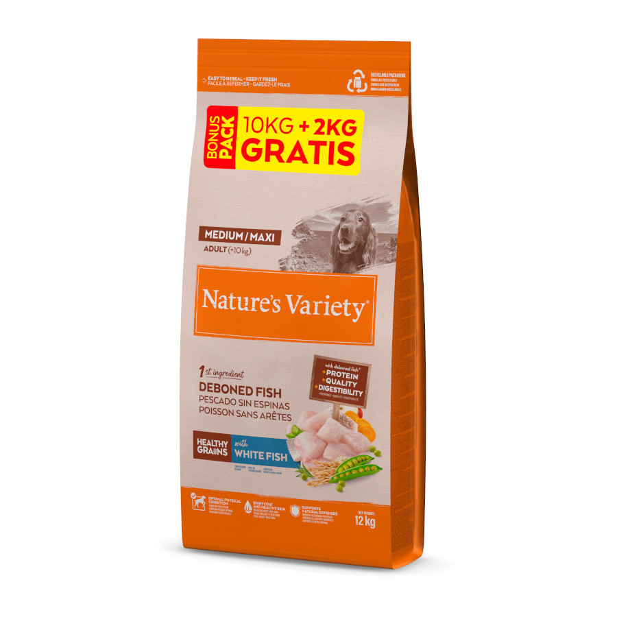 12 kg (10 + 2 kg ¡gratis!) Nature’s Variety Healthy Grains Adult Medium Maxi Pescado Blanco pienso para perros
