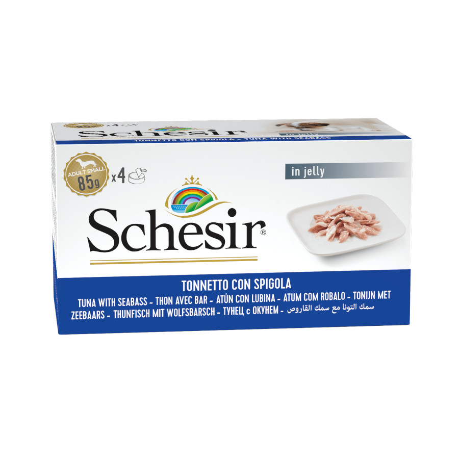4 latas x 85 g Schesir Filetes de Atún con Lubina en Gelatina lata para perros