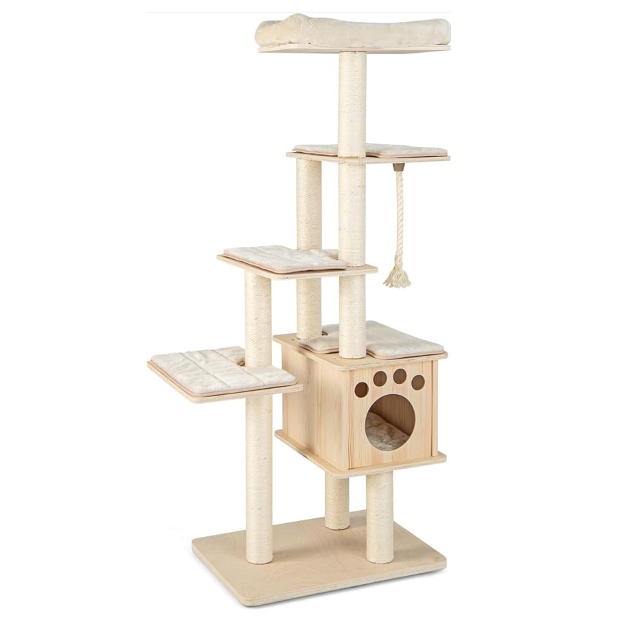 COSTWAY Rascador para Gatos, Árbol para Gatos Altura 170 cm, Condominio de Madera, Postes Rascadores de Sisal, Plataformas de Felpa, Centro de