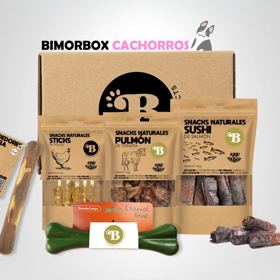 BIMORBOX Cachorros Medianos y Grandes – Pack Ahorro con Juguete, Mordedor de Olivo y Snacks Sin Aditivos