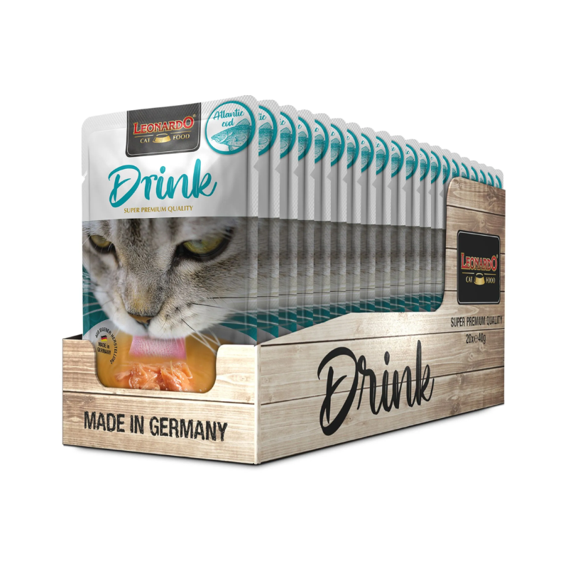 Pack 20X40 Gr – Leonardo Drink Atlantic Cod. Sopa Para Gatos – Alimento complementario para gatos adultos – Promueve la ingesta de líquidos