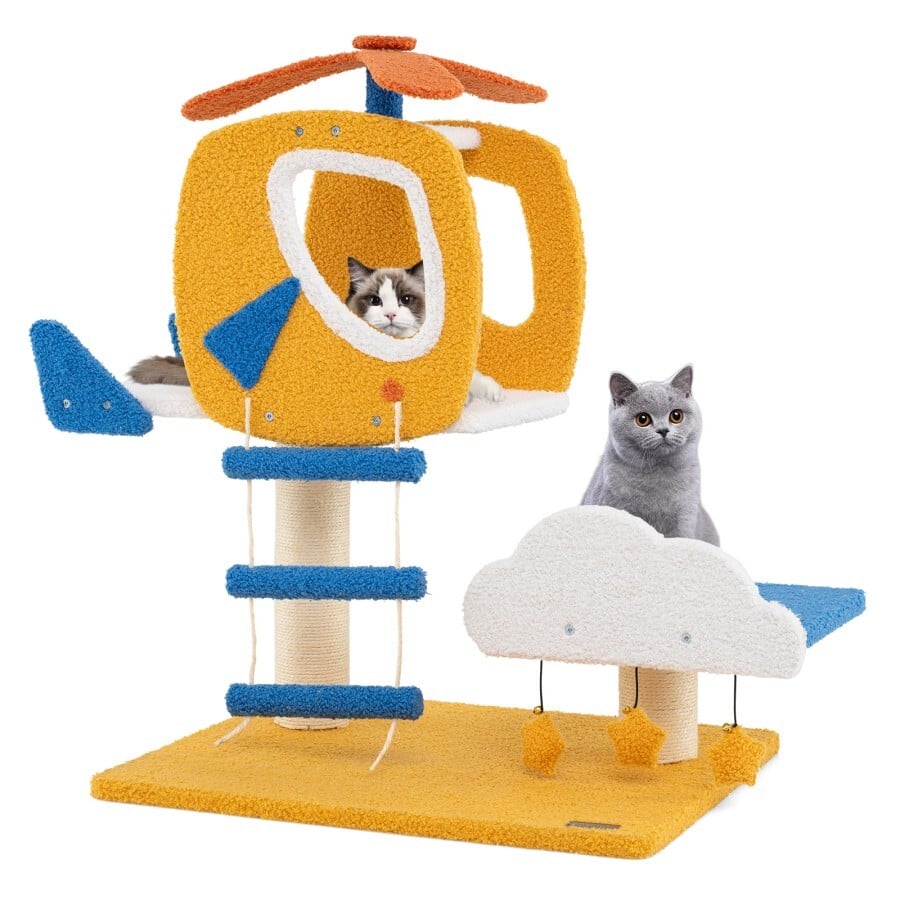 COSTWAY Árbol para Gatos Temático de Aviación, Torre para Gatos con Perchero en Forma de Helicóptero, Poste para Rascar, Plataforma, Escalera, 3