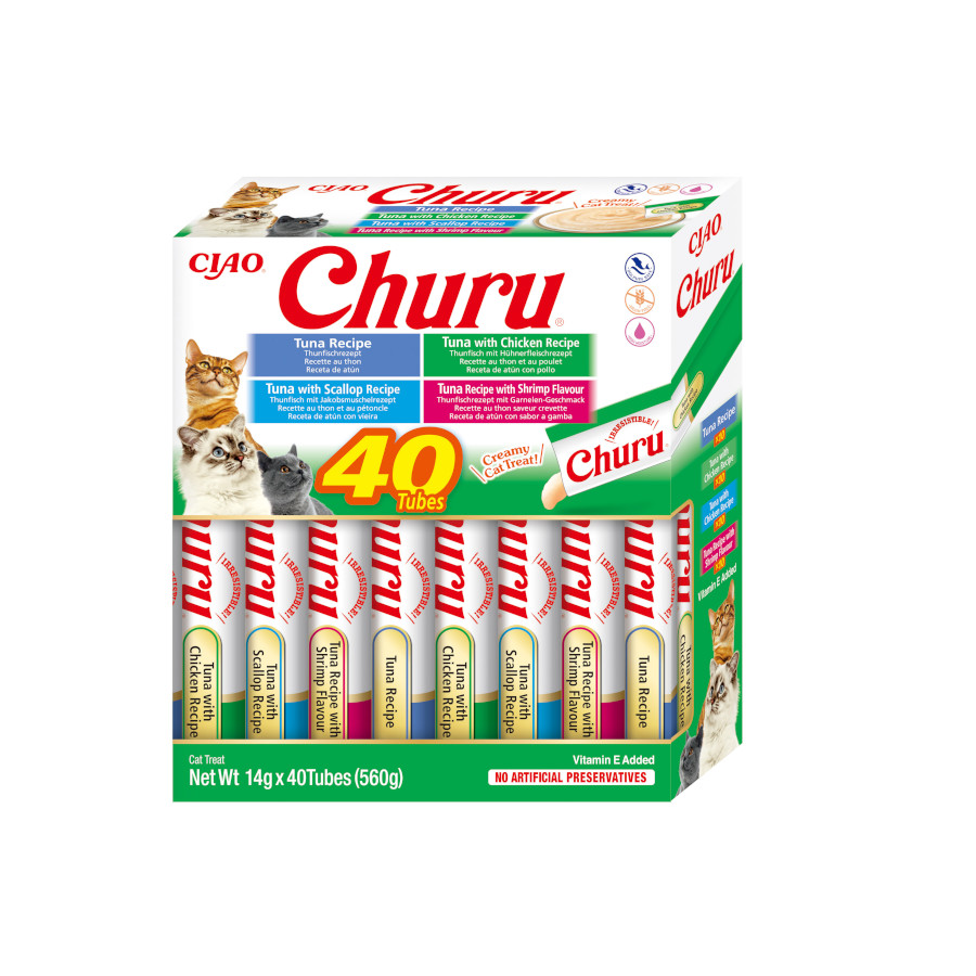 40 sobres x 14 g Churu Variedades de Atún con Marisco Snack Líquido para gatos