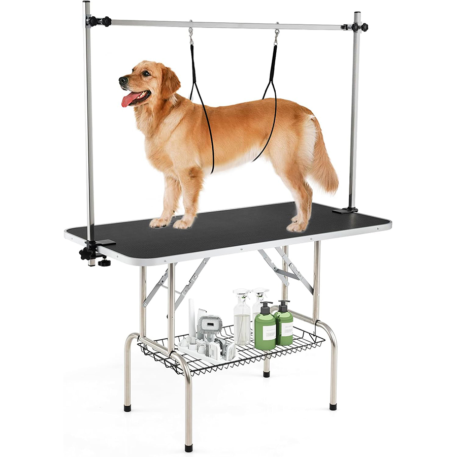 COSTWAY Mesa de Peluquería para Mascotas, Estación de Aseo Plegable con Brazos Ajustables en Altura, Bandeja de Malla y Correas, Superficie