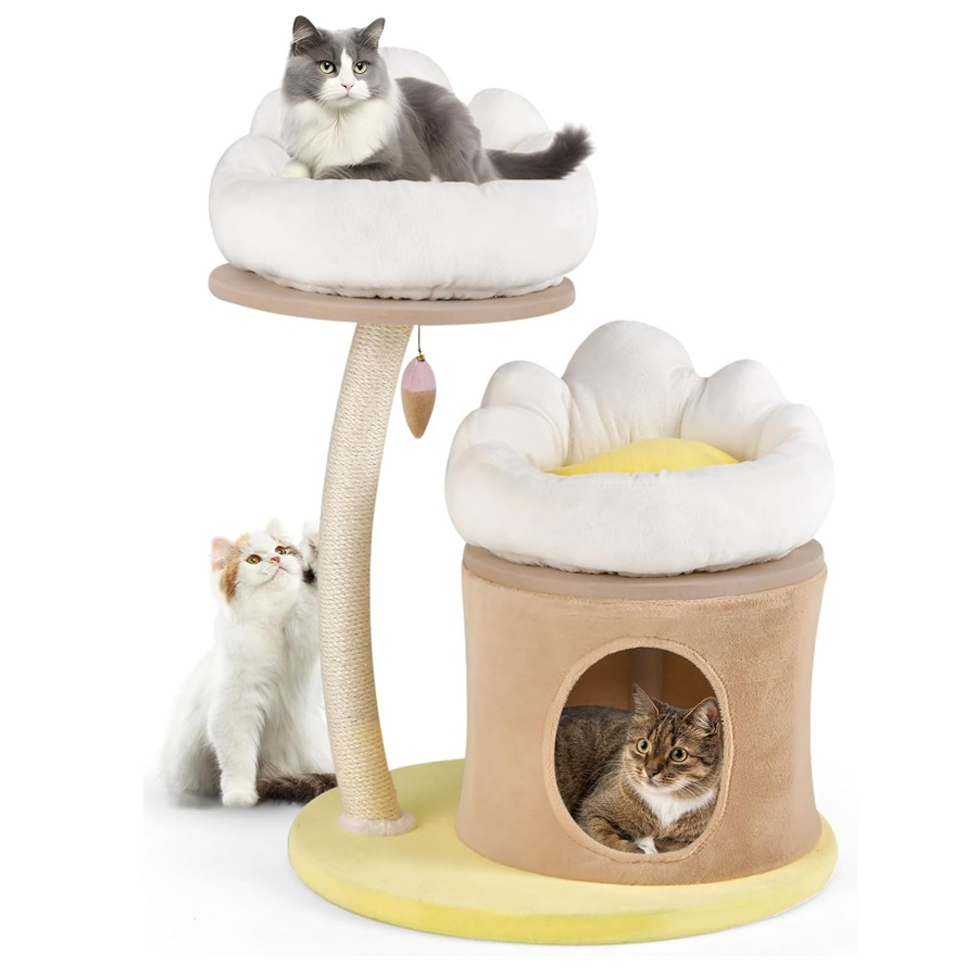 COSTWAY Árbol para Gatos de 83 cm, Árbol Rascador para Gatos con Condominio, Poste Rascador de Sisal, Juguete Interactivo para Burlas, 2 Nidos