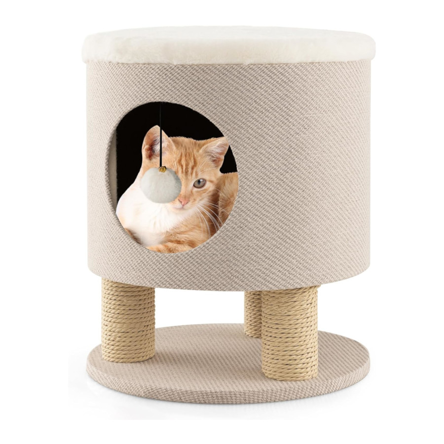 COSTWAY Taburete para Gatos 3 en 1 con Condominio, Casa para Mascotas Otomana, Cueva para Gatos con Poste Rascador y Bola de Felpa, Cama Gato Cueva 40