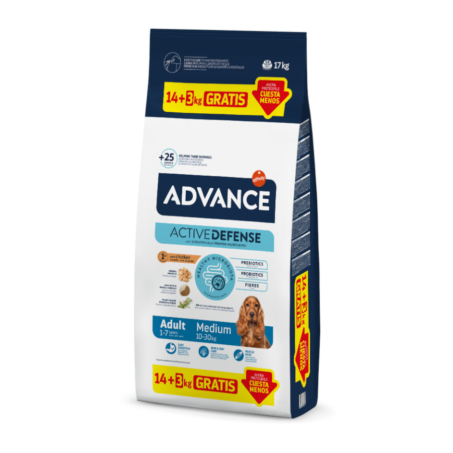 17 KG 17 kg (14 + 3 kg ¡gratis!) Advance Active Defense Medium Adult Pollo y Arroz pienso para perros