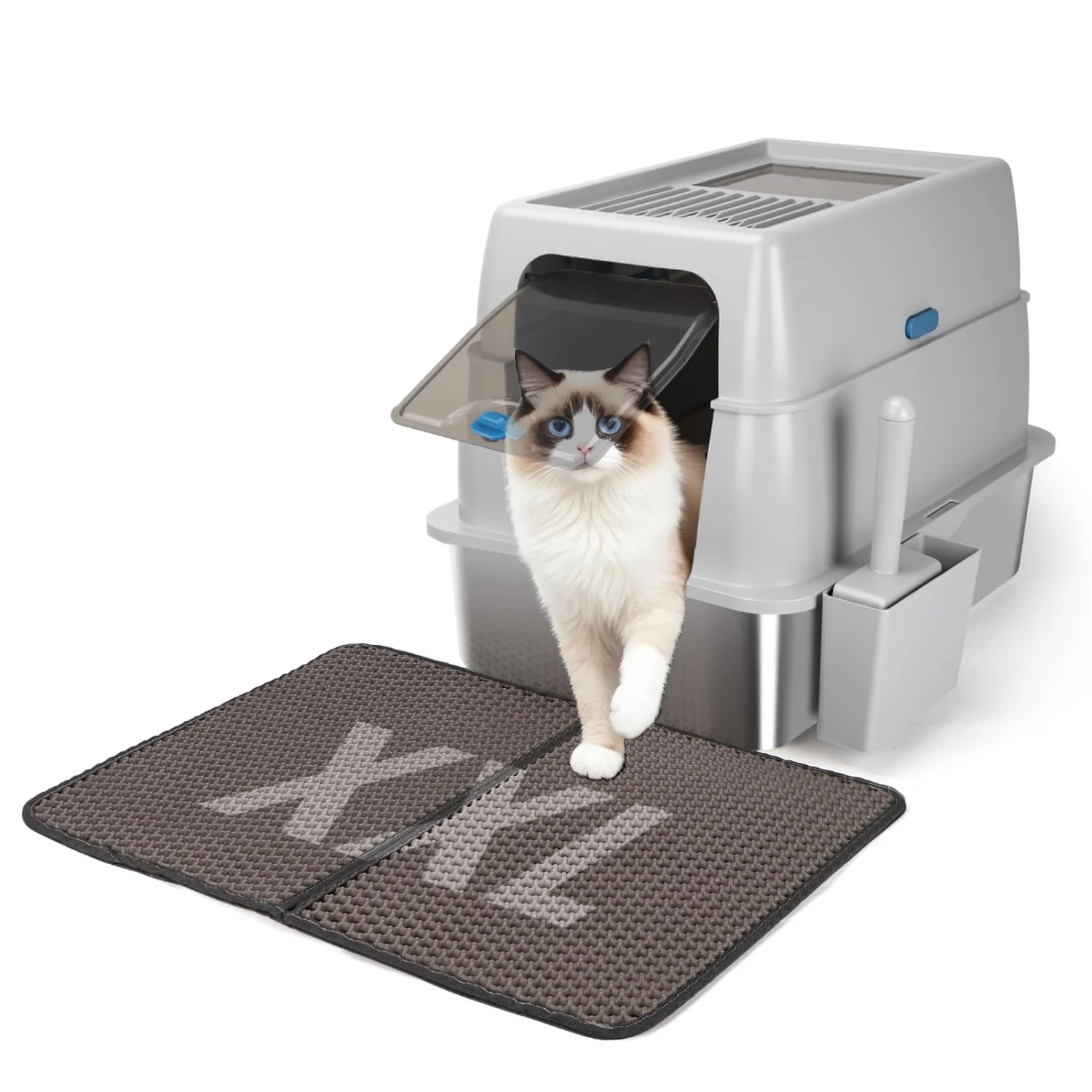 Nobleza - Arenero para Gatos de Acero Inoxidable Cerrado - Espacioso para Gatos Grandes, con Estera de Doble Capa y Pala, Caja de Arena Cubierta