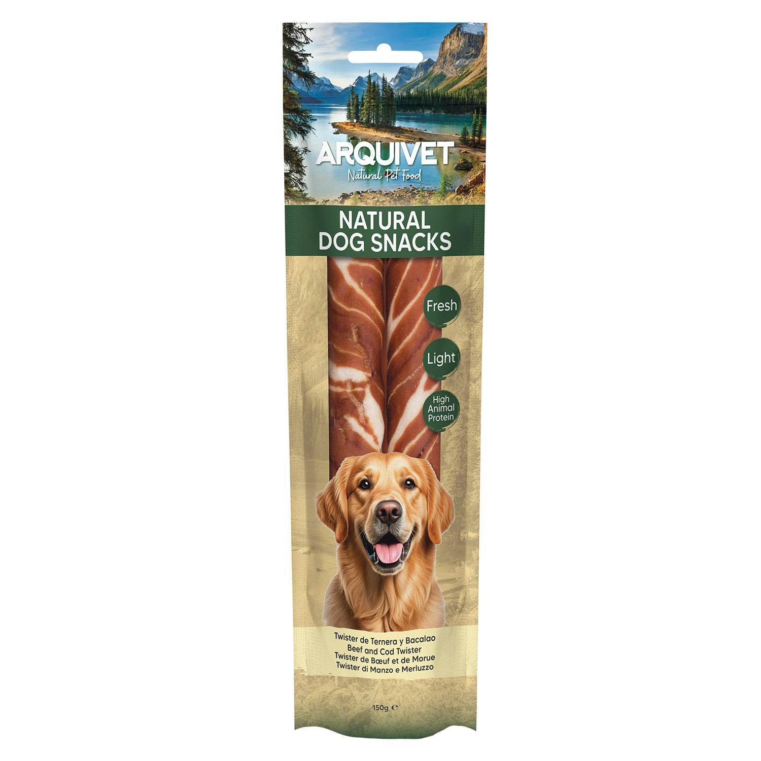 Snacks para perro (Pack de 12) – Twister de ternera y bacalao 24cm – 150gr, Natural Dog Snacks – Arquivet