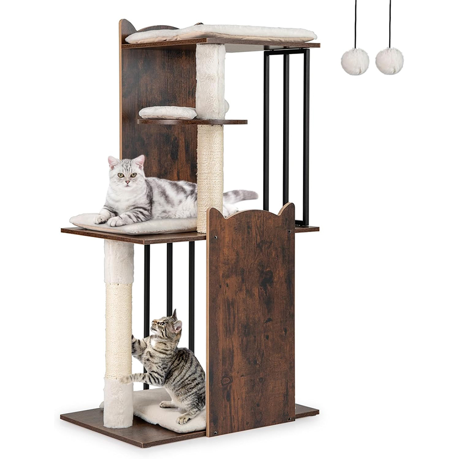 COSTWAY Árbol Rascador para Gato de Madera de 112 cm, Torre Rascador para Gatos con Postes Rascadores de Sisal, Bolas Colgantes, Cojines de Felpa