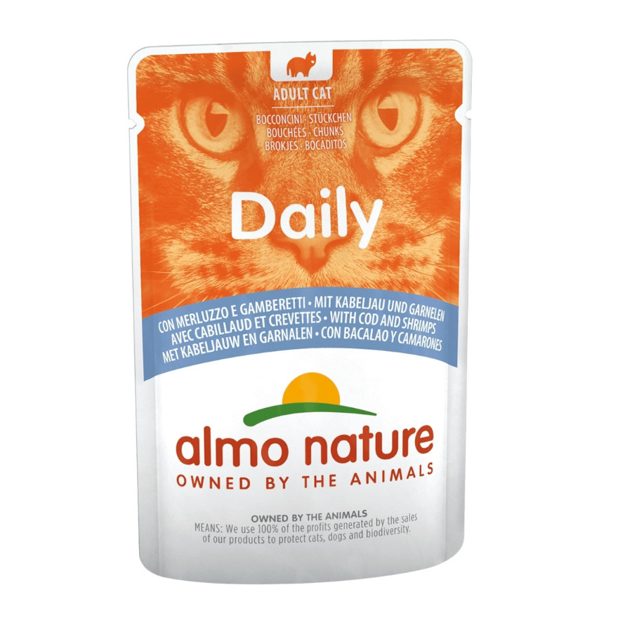 70 g Almo Nature Adult Daily Menu Bacalao y Gambas sobre para gatos