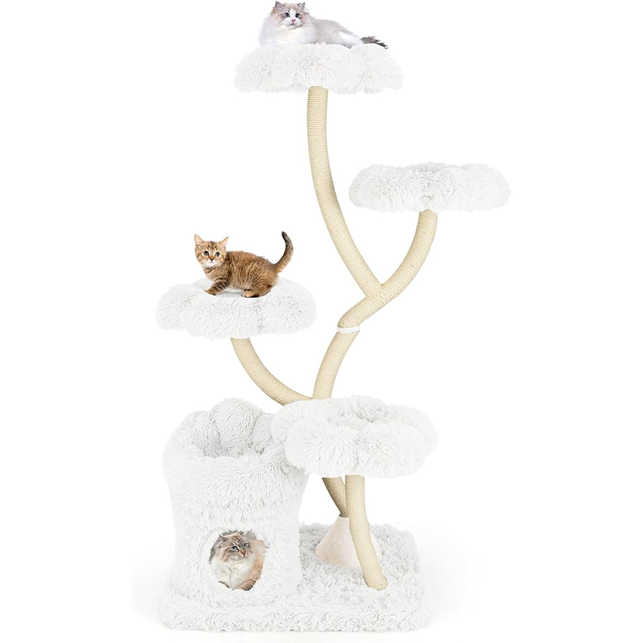 COSTWAY Árbol Rascador para Gatos, Árbol para Gatos Multinivel con 4 Plataformas en Forma de Flor, Postes de Rascado de Sisal, Condominio Privado,