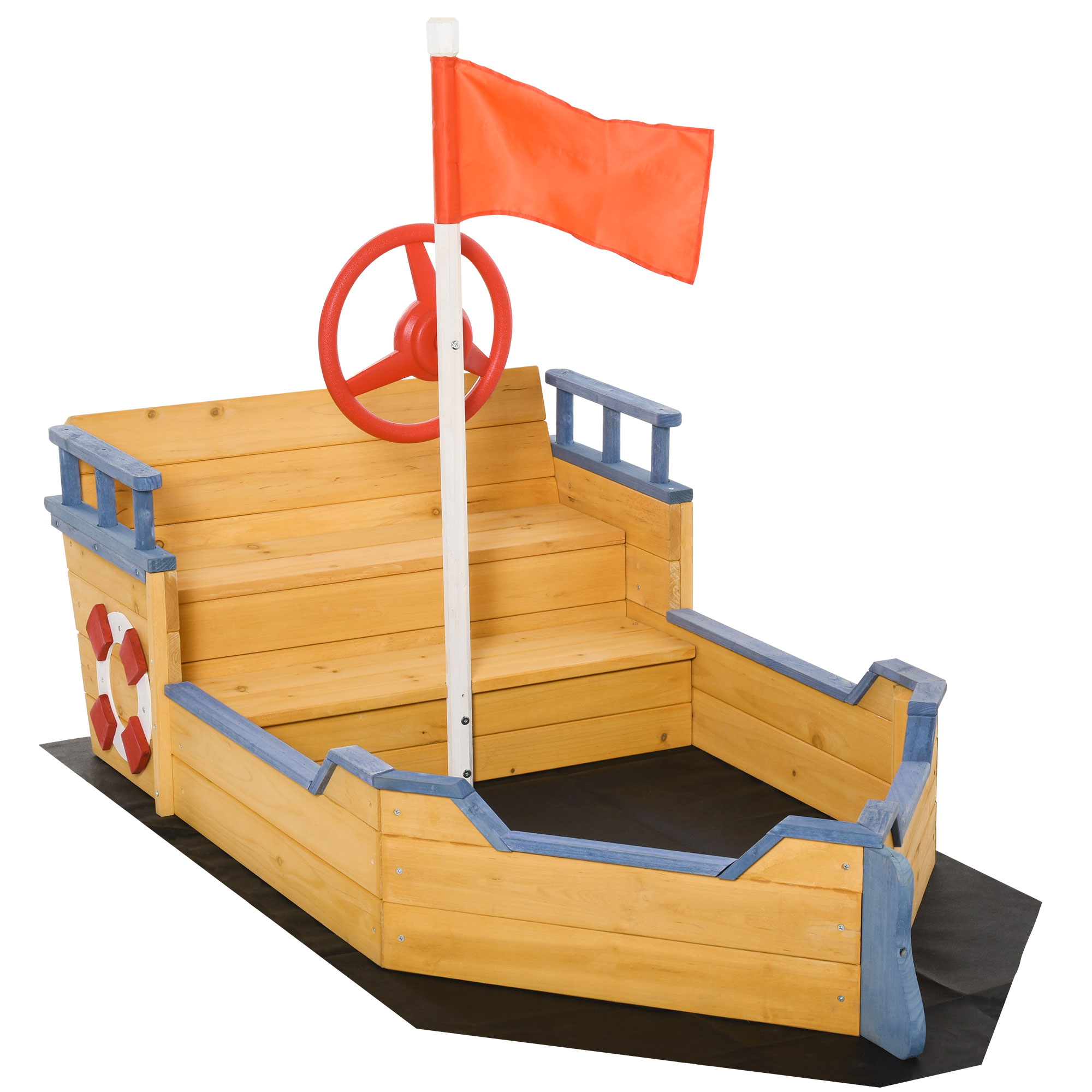 Outsunny Arenero Infantil de Madera Diseño de Galeón con 2 Escalones Banco con Almacenaje Bandera y Timón Cajón de Arena de Jardín para Niños de +3