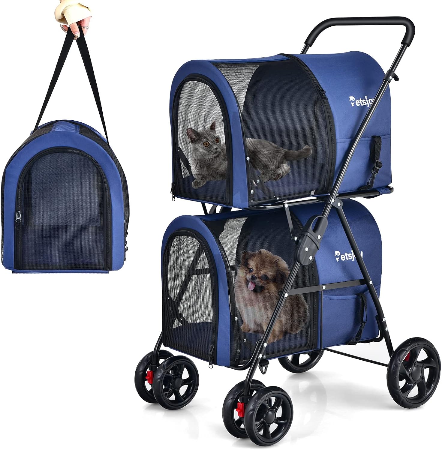 COSTWAY Carrito para Perros y Gatos Multifuncional 4 en 1, Cochecito para Mascotas de Doble Nivel, Carrito Plegable