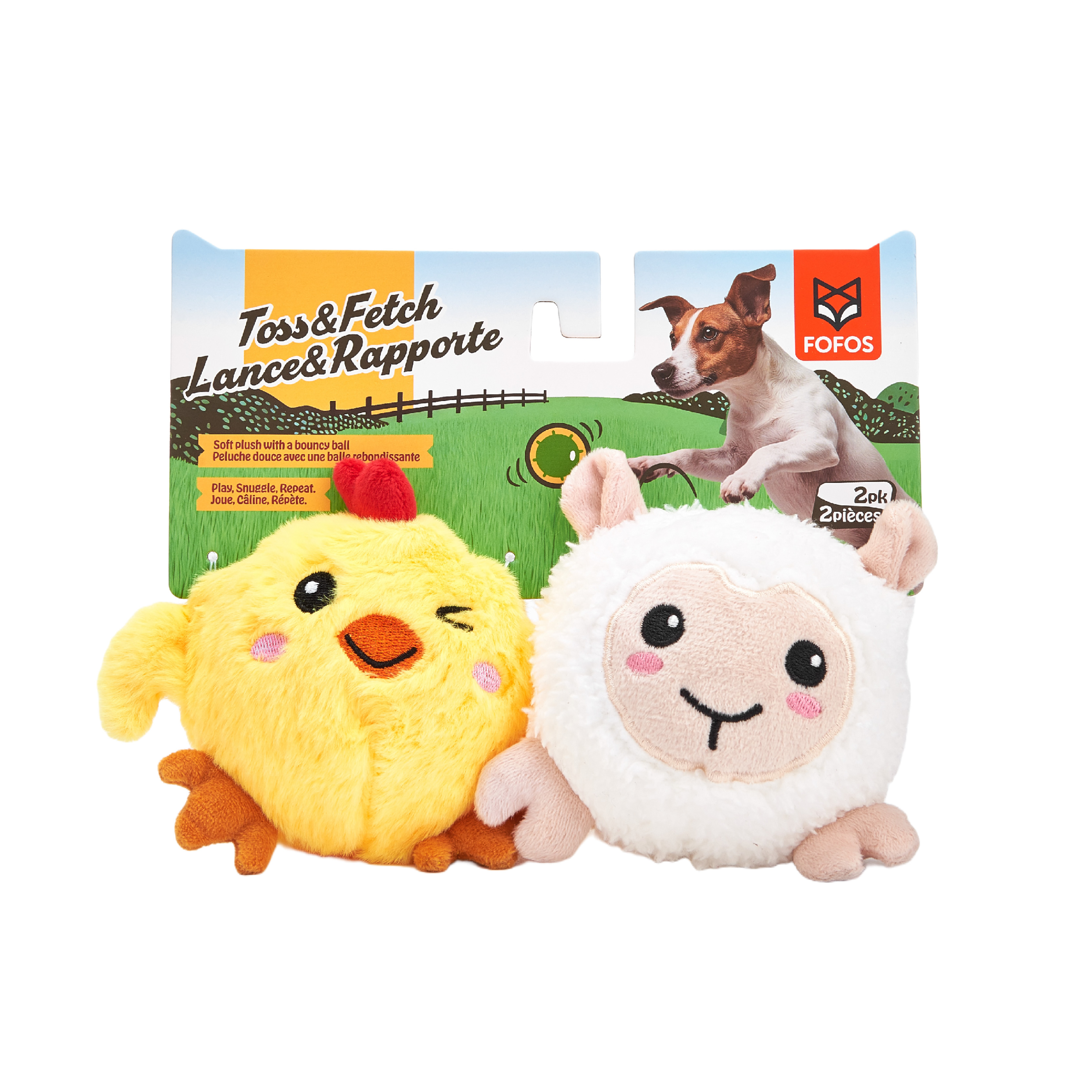 Juguetes Peluche Toss & Fetch para Perros (2 uds) – Pollito & Oveja con Pelota