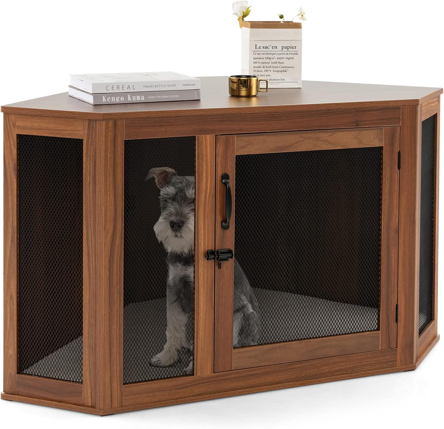 COSTWAY Mueble de Esquina para Mascotas, Casa para Perros con Puerta de Malla y Cojín, Jaula para Perros con Estilo de Mueble para Uso Interior, Casa