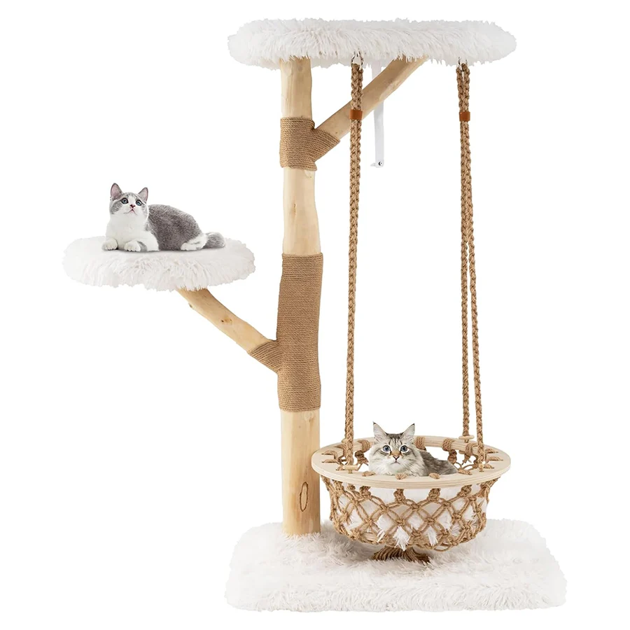 COSTWAY Árbol para Gatos con Hamaca Colgante, Torre Multinivel con Postes de Madera de Pera y Rascadores de Yute, 2 Plataformas, Ideal para Gatos,