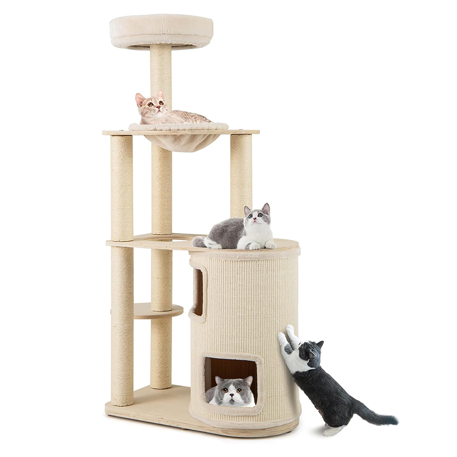 COSTWAY Árbol para Gatos Alto de 151 cm, Poste Rascador Multicamada con Condominio, Alfombra y Cama para Gatos, Hamaca, Cojín Lavable, Centro de